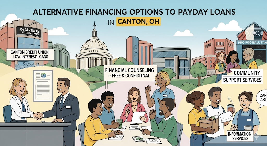 A graphical image titled "Alternative Financing Options to Payday Loans in Canton, OH," showing people engaging with credit unions, financial counseling, and community support services, with a background of Canton landmarks.