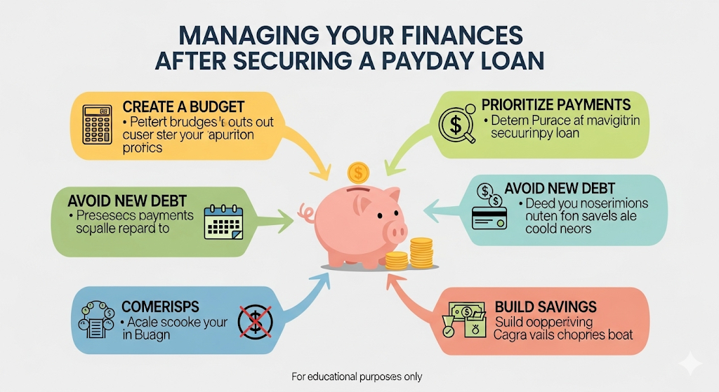 Alt text: An infographic showing a piggy bank in the center with arrows pointing to sections on creating a budget, prioritizing payments, avoiding new debt, and building savings.
