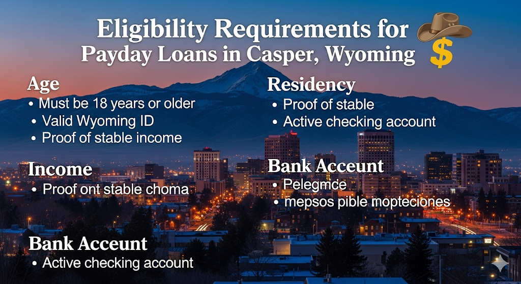 Alt text: A poster with a cityscape background at dusk, listing eligibility requirements for payday loans in Casper, Wyoming.