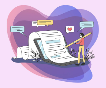 "Illustration of a person writing on a giant digital document with speech bubbles and icons around, symbolizing online content creation."