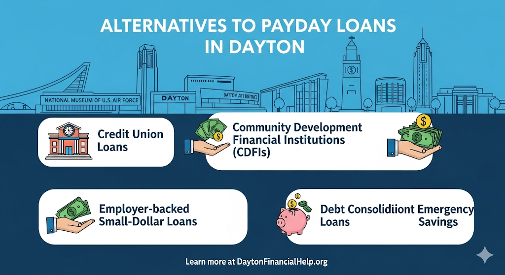 Alt text: An infographic with the title "Alternatives to Payday Loans in Dayton" showing different options with icons and descriptions.