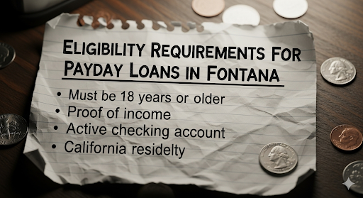 Alt text: A crumpled, handwritten note on a wooden desk listing eligibility requirements for payday loans in Fontana.