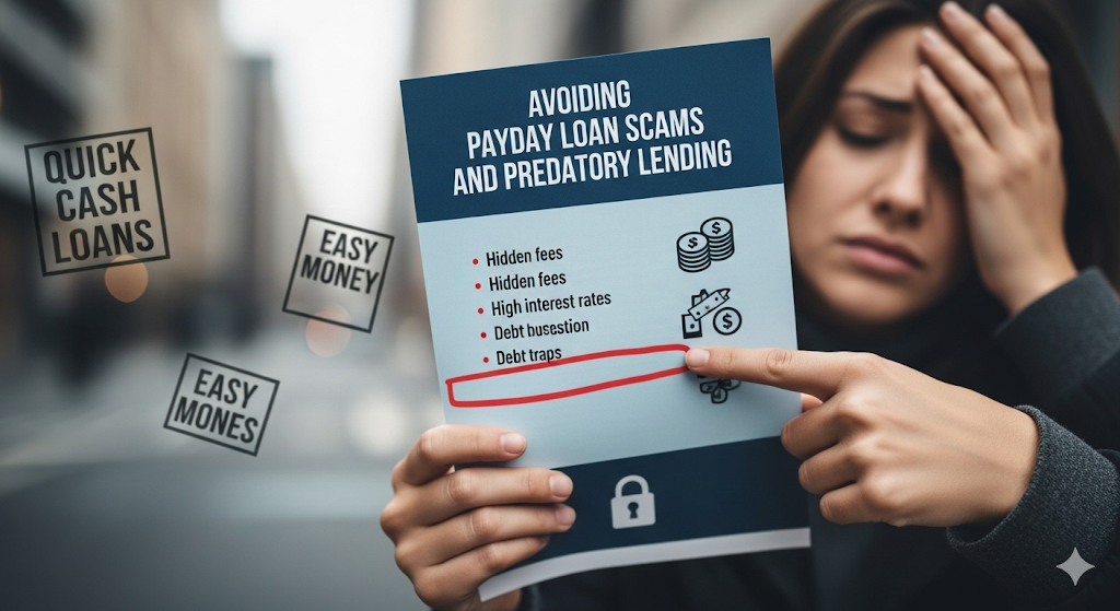 Alt text: A distressed person holds a flyer about avoiding payday loan scams and predatory lending.
