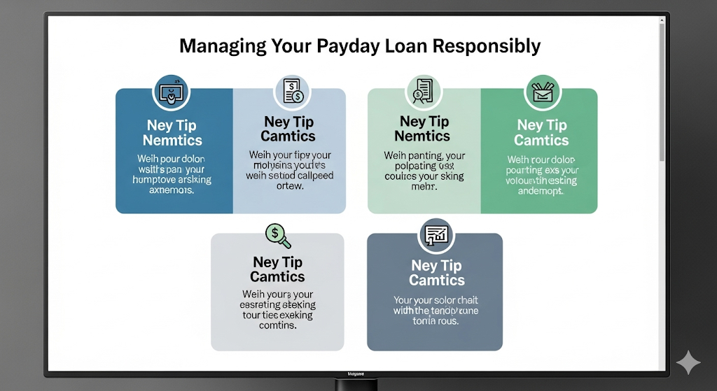 Alt text: An infographic titled "Managing Your Payday Loan Responsibly" with sections providing tips on financial management.