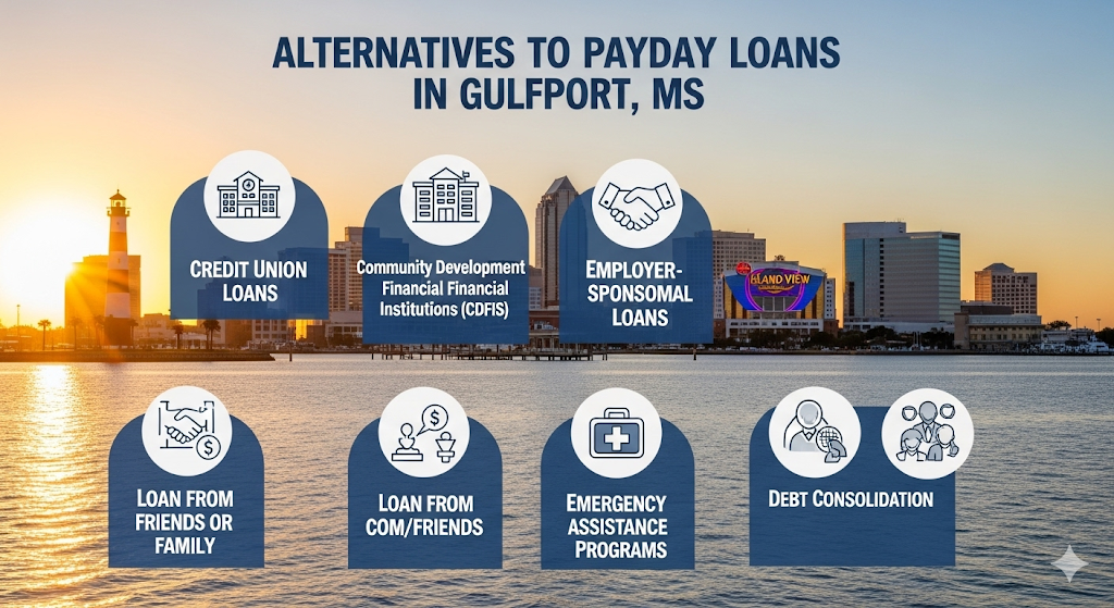 Alt text: An infographic showing different alternatives to payday loans in Gulfport, Mississippi, with icons for credit unions, community institutions, and emergency assistance.