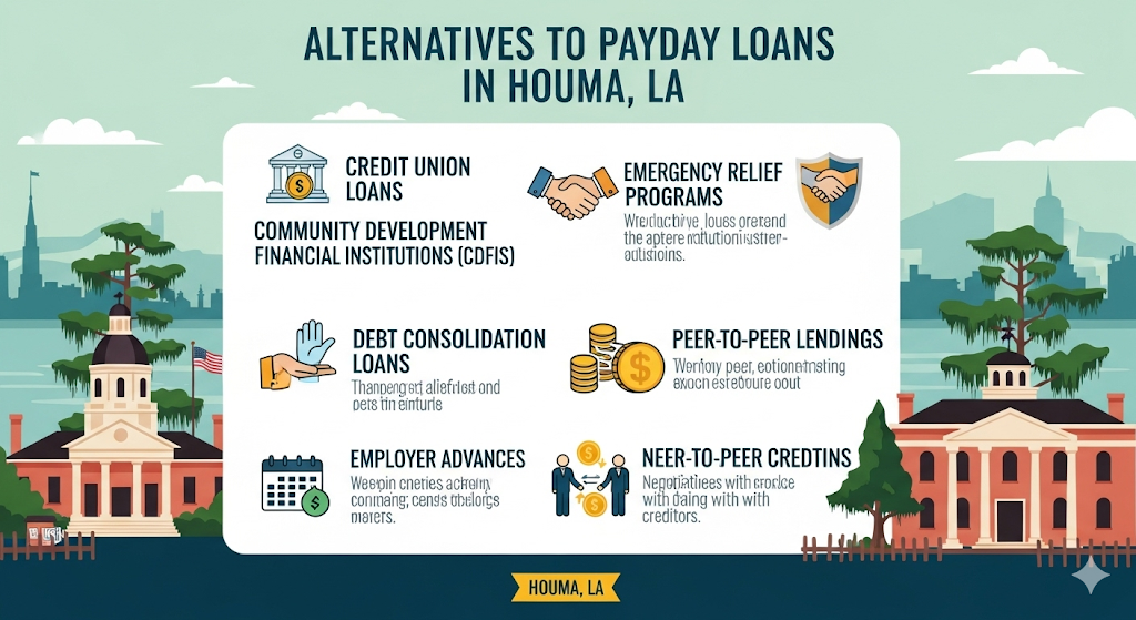 Alt text: An infographic showing alternatives to payday loans in Houma, Louisiana, with icons for credit unions, debt consolidation, and employer advances.
