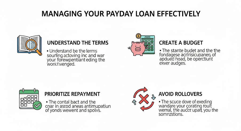 Alt text: An infographic providing tips for effectively managing a payday loan, with icons for understanding terms, budgeting, repayment, and rollovers.