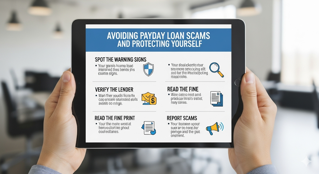 Alt text: A tablet screen displaying an infographic on "Avoiding Payday Loan Scams and Protecting Yourself" with tips and icons.