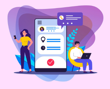 "Illustration of a large smartphone screen showing app interface, with a woman holding a phone and a man using a laptop beside it."