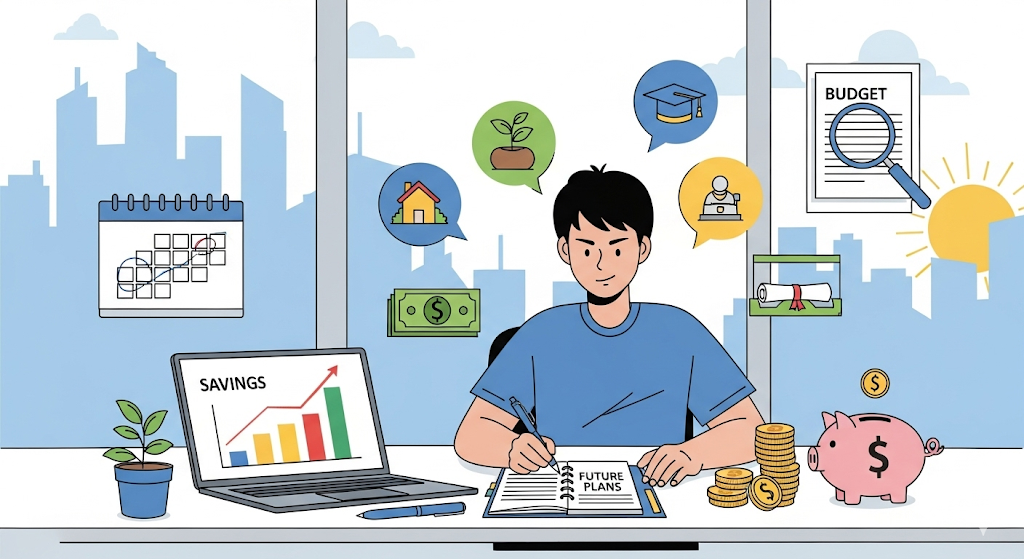 A person planning finances at a desk, surrounded by icons representing savings, investments, education, home, and budget.