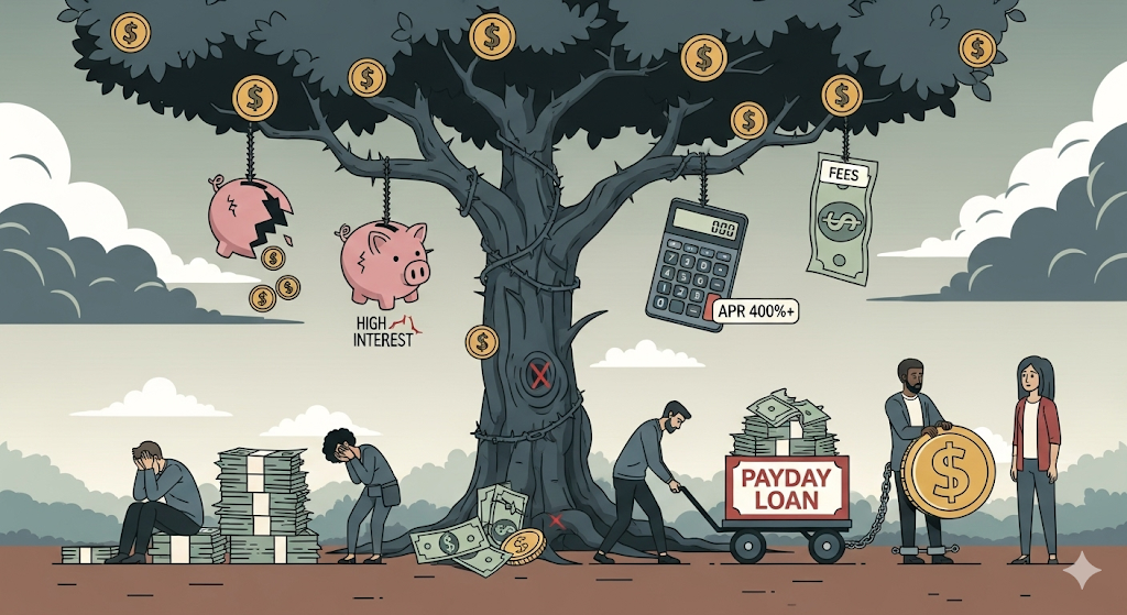 A graphical illustration of the financial burden of payday loans, with people looking distressed or overwhelmed by high fees and interest rates.