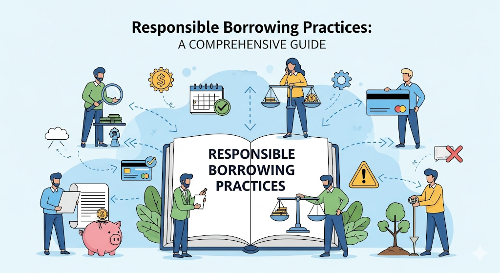 A detailed infographic titled "Responsible Borrowing Practices: A Comprehensive Guide" with various characters demonstrating financial literacy, including weighing options, saving, reviewing documents, and managing credit.