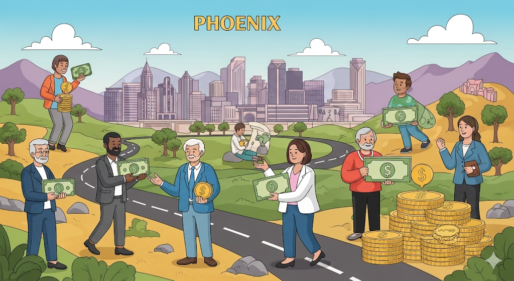 Alt text: An illustration of diverse people in Phoenix, Arizona, working together to learn about financial resources.