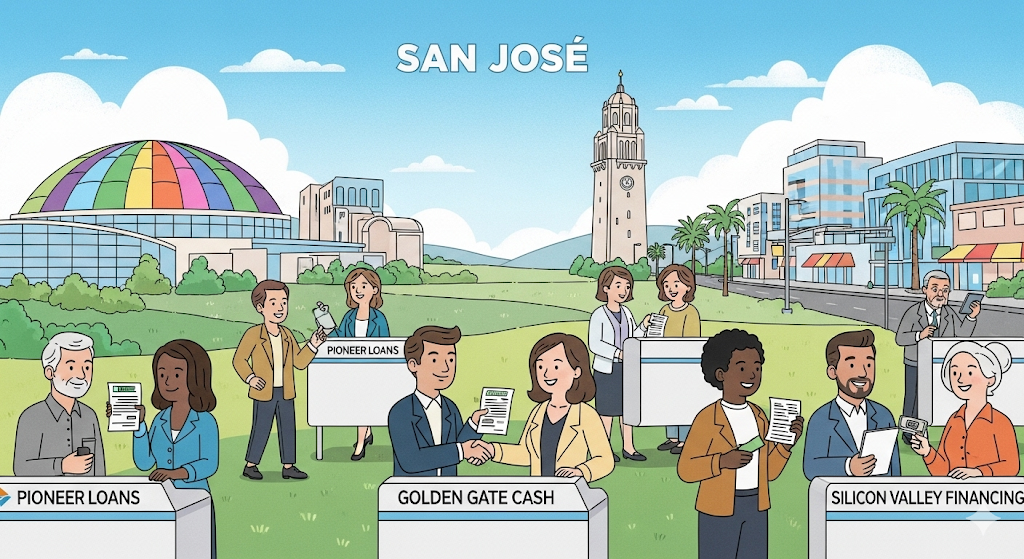 An illustration of diverse people interacting positively with reputable payday lenders in San Jose.