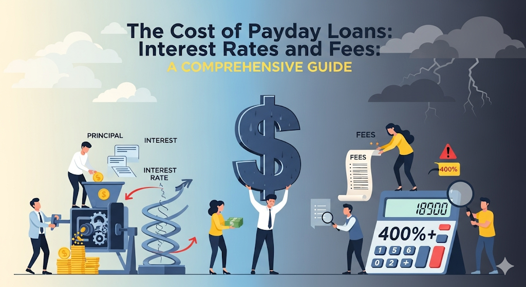 A detailed infographic with humanistic characters explaining "The Cost of Payday Loans: Interest Rates and Fees," using visual metaphors for financial calculations and impact.