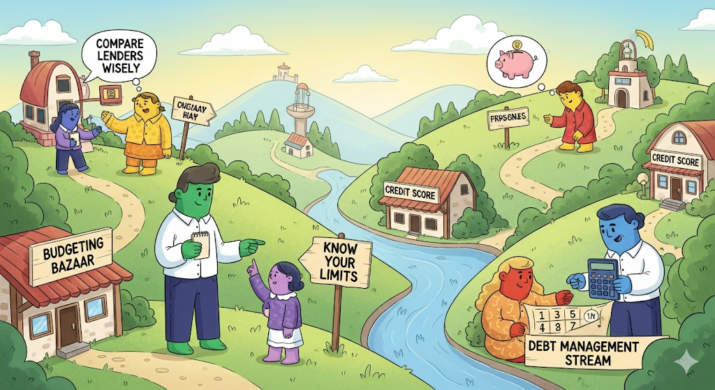 An illustration of diverse people learning and demonstrating responsible borrowing tips and strategies.