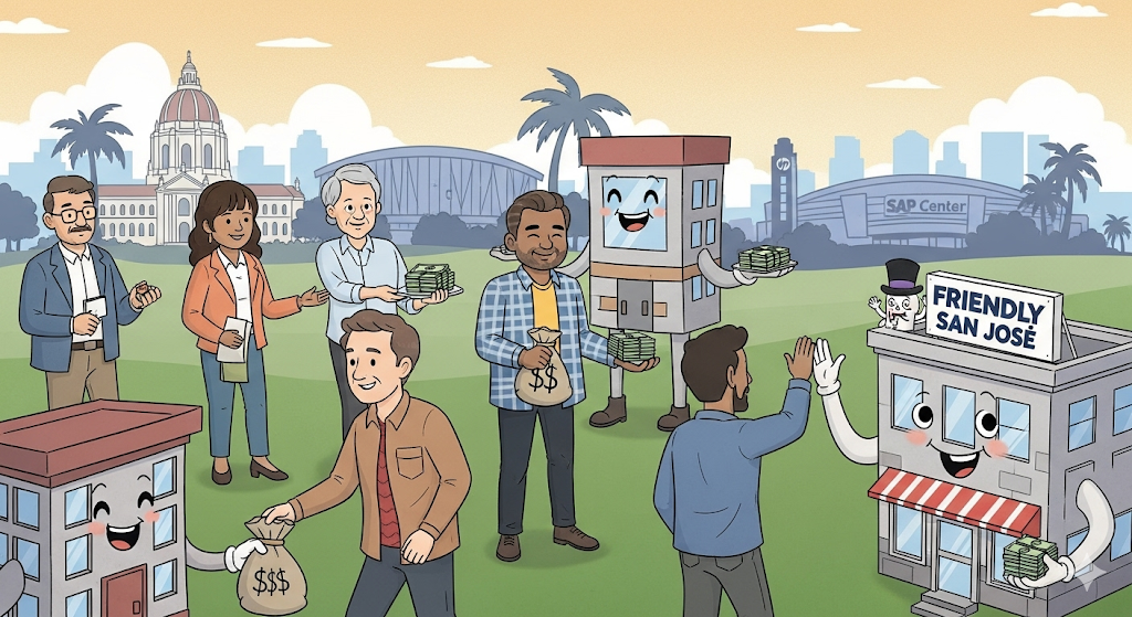 An illustration of diverse people interacting positively with reputable payday lenders in San Jose.