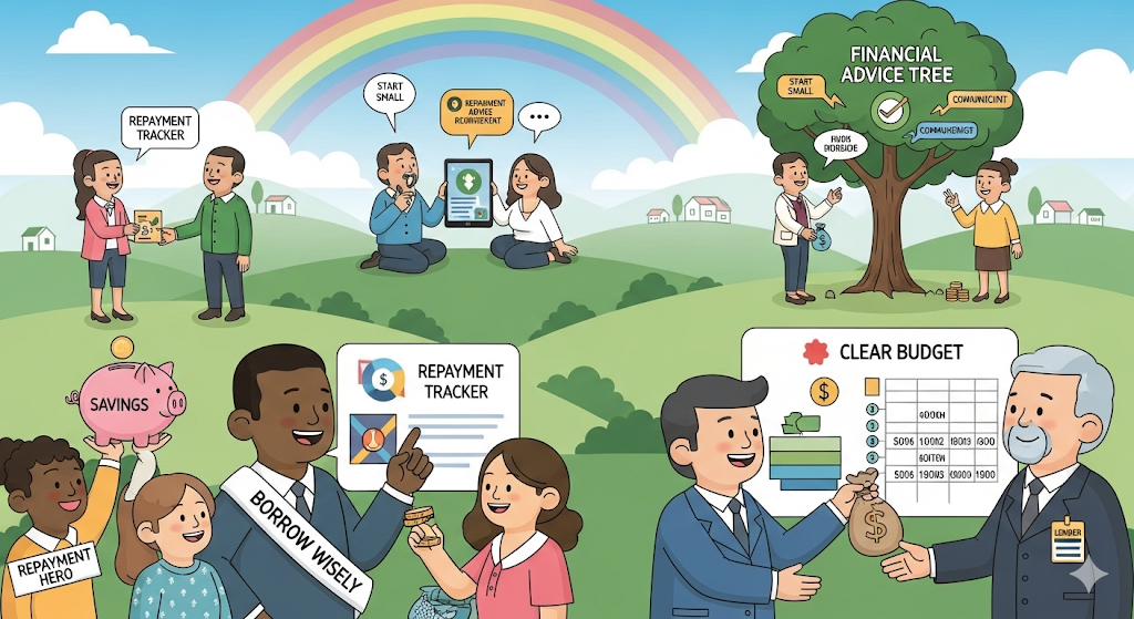 An illustration of diverse people learning and demonstrating responsible borrowing and repayment strategies.