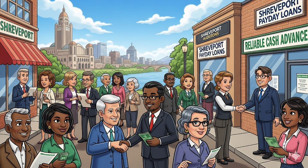 An illustration of diverse people interacting with reputable payday lenders in Shreveport, Louisiana.