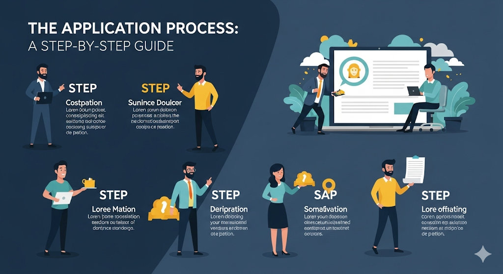 "The Application Process" depicting a step-by-step guide with various humanistic characters engaged in different stages of the application process.