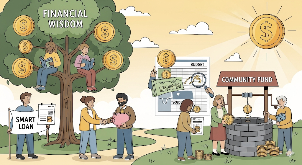 An illustration of diverse people demonstrating responsible borrowing and financial management in a friendly way.